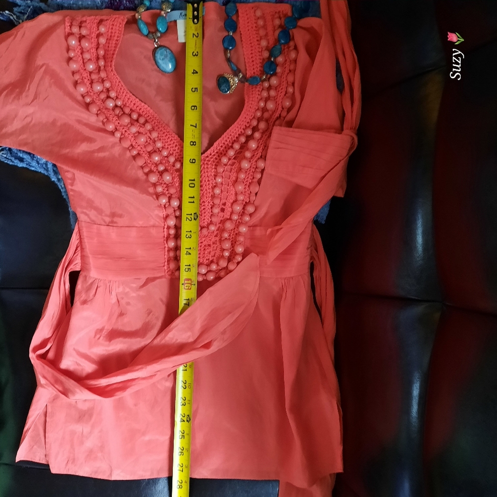 MARCIANO Silk Tie Back, Beaded Crochet Tunic Blouse - Picture 10 of 11